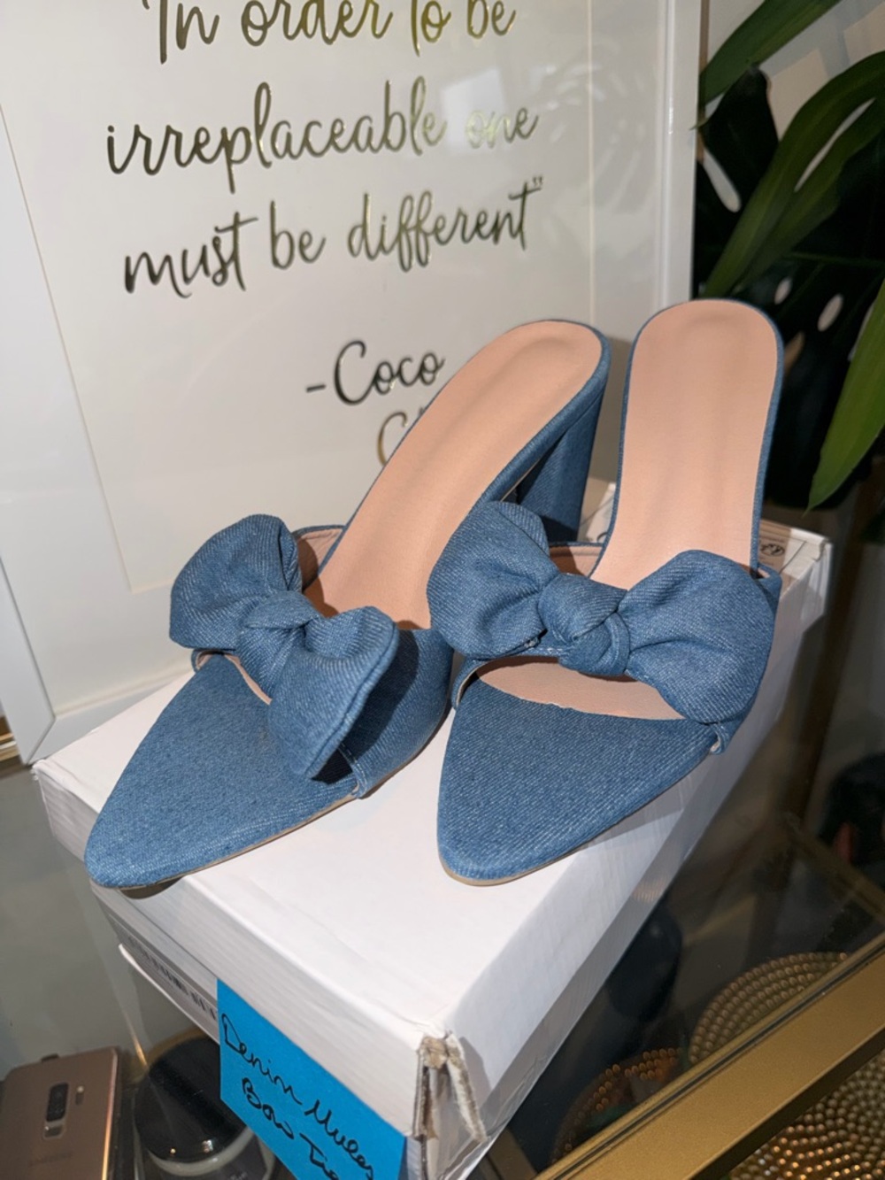 Denim Bow Pointed-Toe Mule Heels in Blue